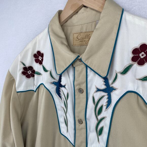 SCULLY Shirt Mens XL Floral Pearl Snap Button Up Western Cowboy Twill Beige - Picture 3 of 16